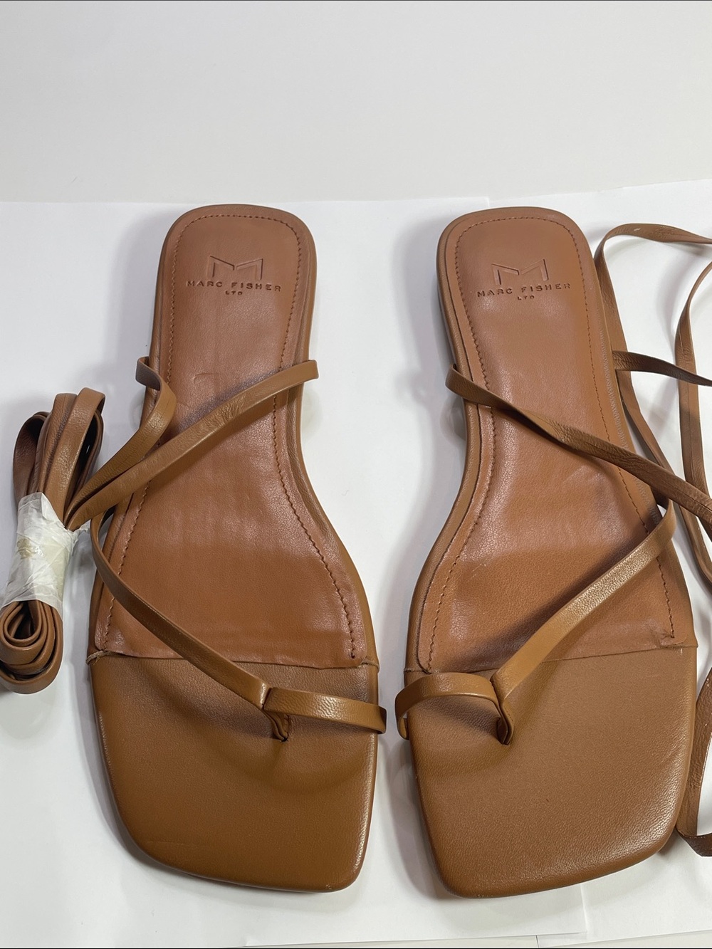 Marc Fisher Tan Leather Square-Toe Wrap SandalsSize 7.5